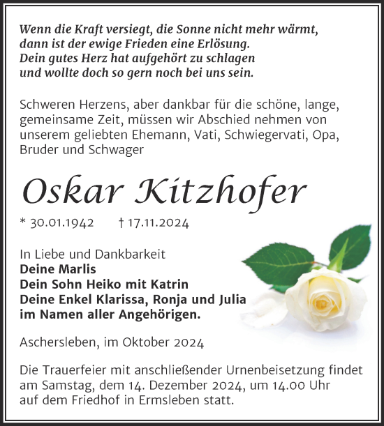 Traueranzeige von Oskar Kitzhofer von Trauerkombi Quedlinburg