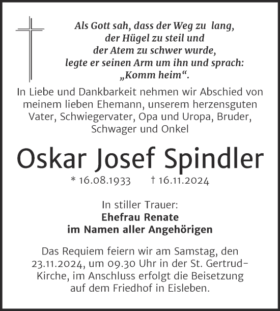 Traueranzeige von Oskar Josef Spindler von Trauerkombi Mansfelder Land