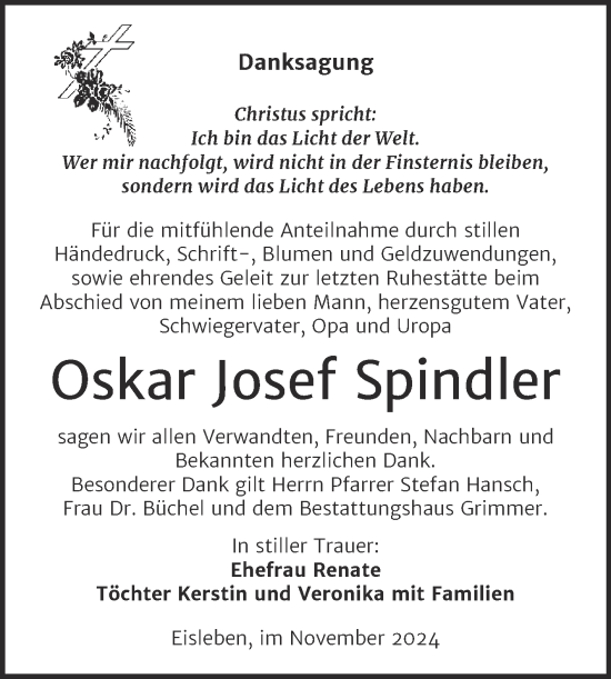 Traueranzeige von Oskar Josef Spindler von Trauerkombi Mansfelder Land