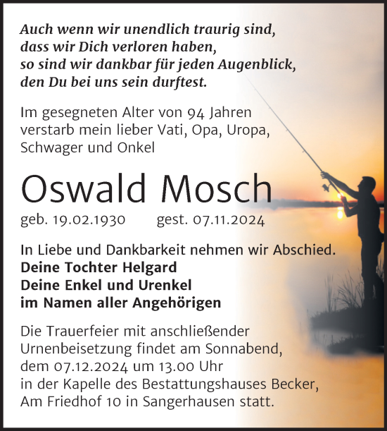 Traueranzeige von Oswald Mosch von Trauerkombi Sangerhausen