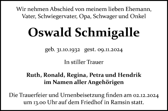 Traueranzeige von Oswald Schmigalle von Trauerkombi Bitterfeld