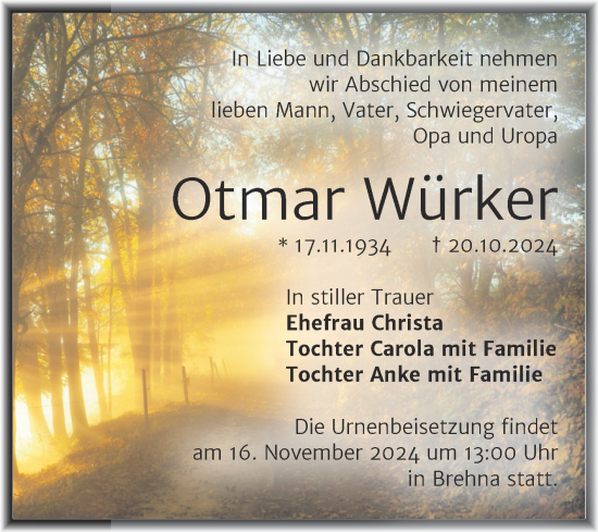 Traueranzeige von Otmar Würker von Trauerkombi Bitterfeld