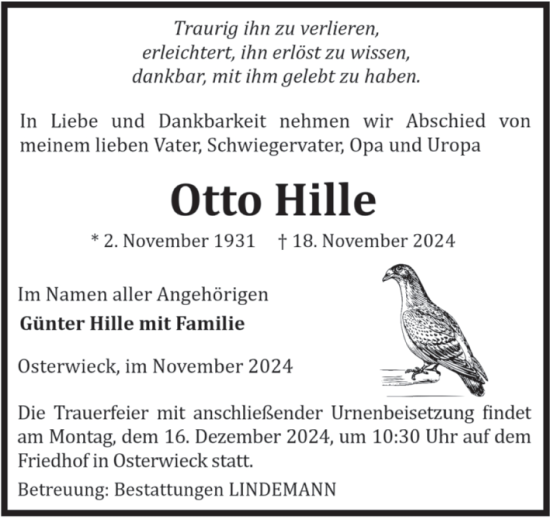 Traueranzeige von Otto Hille von Volksstimme Halberstadt