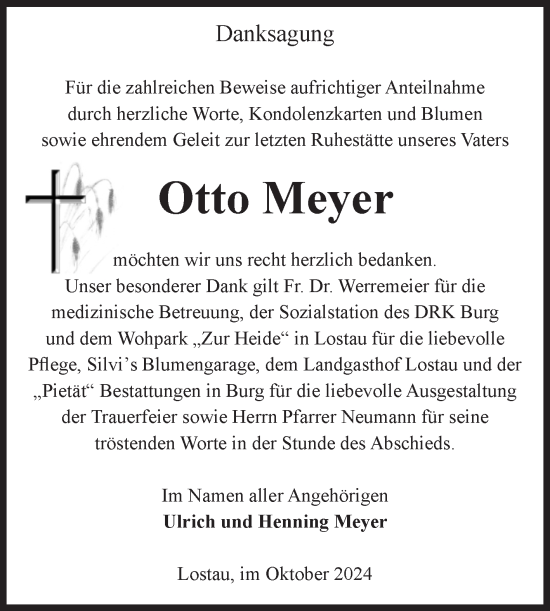 Traueranzeige von Otto Meyer von Volksstimme Burg/Genthin