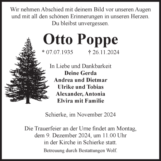 Traueranzeige von Otto Poppe von Volksstimme Wernigerode