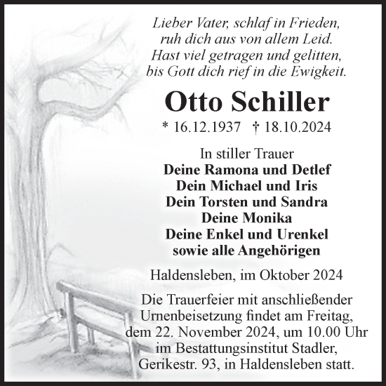 Traueranzeige von Otto Schiller von Volksstimme Haldensleben/Wolmirstedt