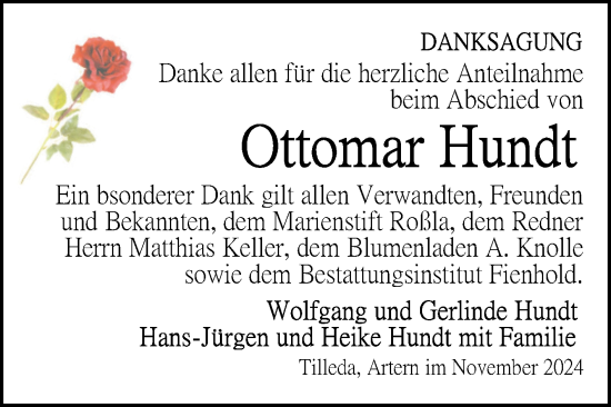Traueranzeige von Ottomar Hundt von Trauerkombi Sangerhausen