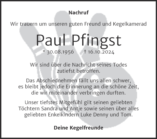 Traueranzeige von Paul Pfingst von Super Sonntag Naumburg/Nebra
