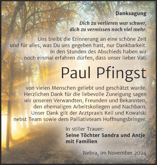 Traueranzeige von Paul Pfingst von Super Sonntag Naumburg/Nebra