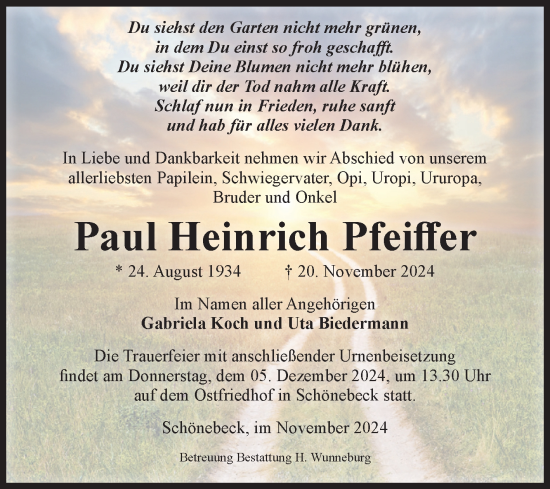Traueranzeige von Paul Heinrich Pfeiffer von Volksstimme Schönebeck
