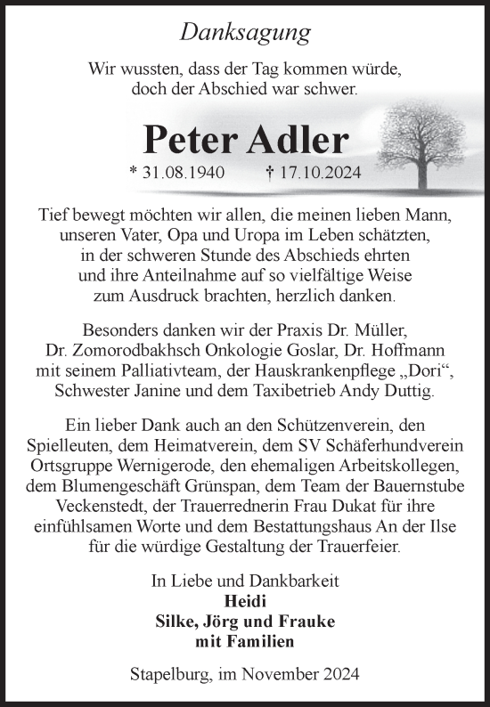 Traueranzeige von Peter Adler von Volksstimme Wernigerode