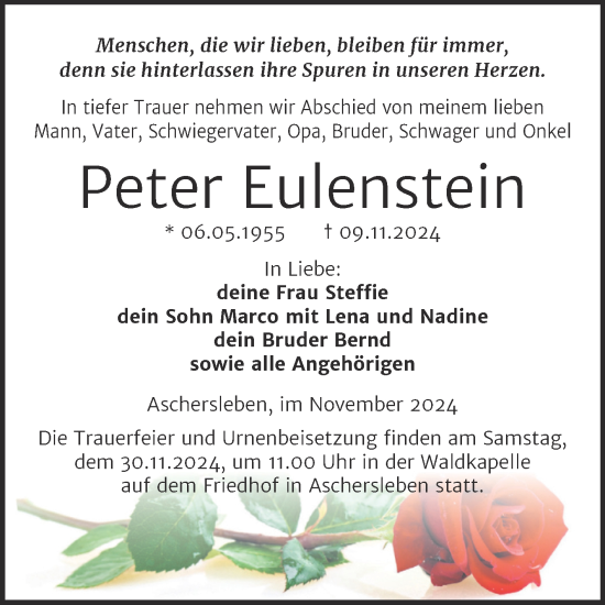 Traueranzeige von Peter Eulenstein von Trauerkombi Aschersleben