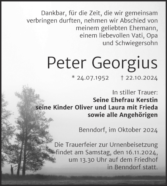 Traueranzeige von Peter Georgius von Trauerkombi Mansfelder Land