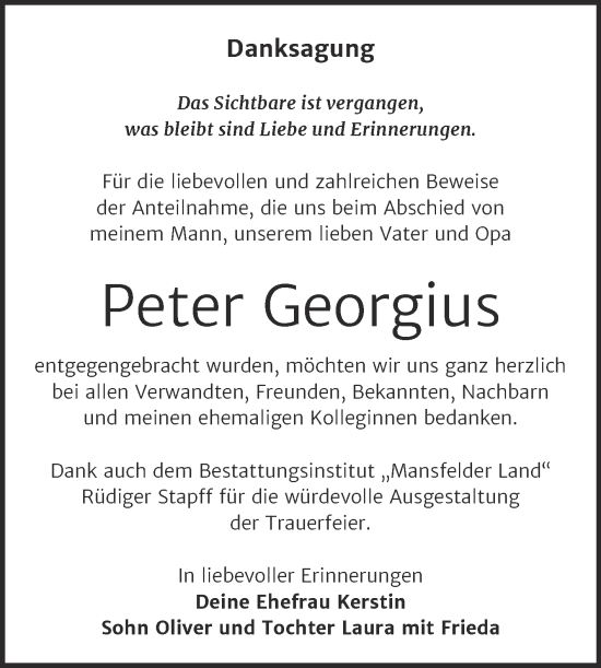 Traueranzeige von Peter Georgius von Trauerkombi Mansfelder Land