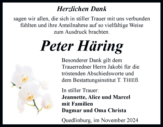 Traueranzeige von Peter Häring von Trauerkombi Quedlinburg