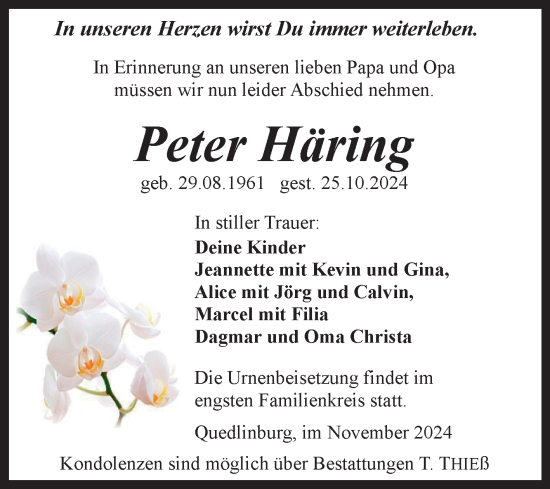 Traueranzeige von Peter Häring von Trauerkombi Quedlinburg