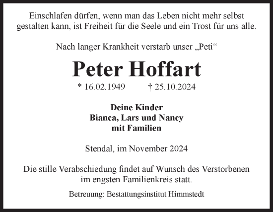 Traueranzeige von Peter Hoffart von Volksstimme Altmark Ost