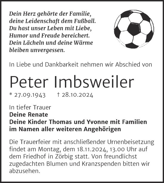 Traueranzeige von Peter Imbsweiler von Trauerkombi Bitterfeld