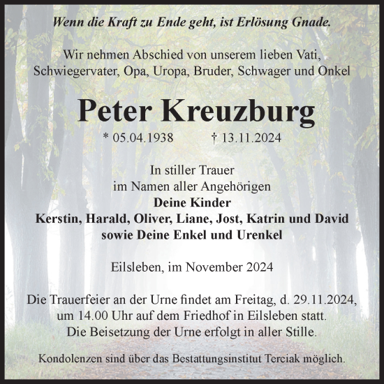 Traueranzeige von Peter Kreuzburg von Volksstimme Oschersleben/Wanzleben