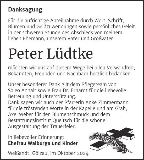 Traueranzeige von Peter Lüdtke von Trauerkombi Köthen