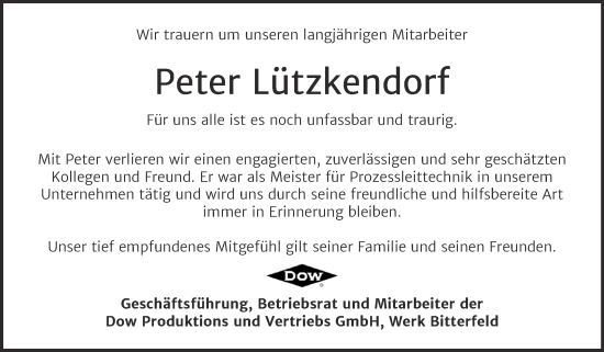 Traueranzeige von Peter Lützkendorf von Mitteldeutsche Zeitung Bitterfeld