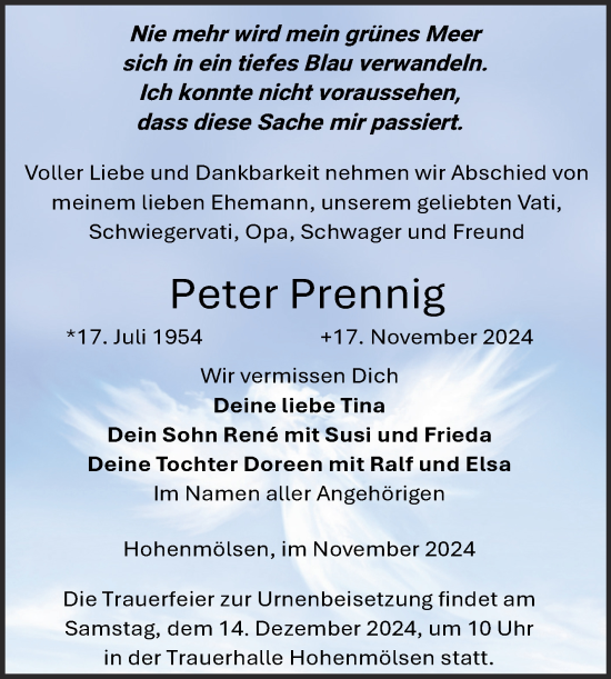 Traueranzeige von Peter Prennig von Trauerkombi Weißenfels