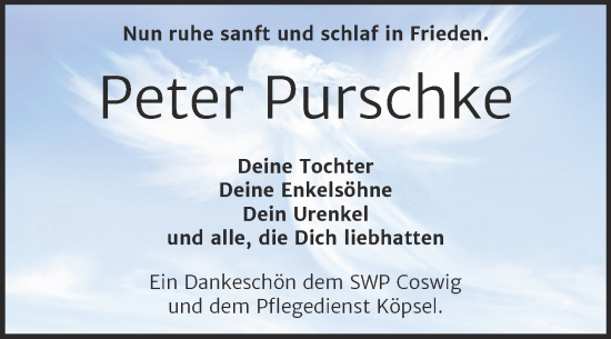 Traueranzeige von Peter Purschke von Trauerkombi Wittenberg