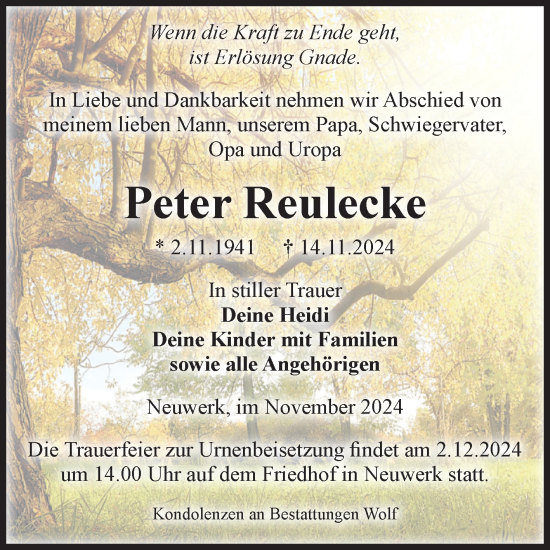 Traueranzeige von Peter Reulecke von Volksstimme Wernigerode