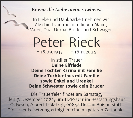 Traueranzeige von Peter Rieck von Trauerkombi Dessau