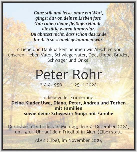 Traueranzeige von Peter Rohr von Trauerkombi Köthen