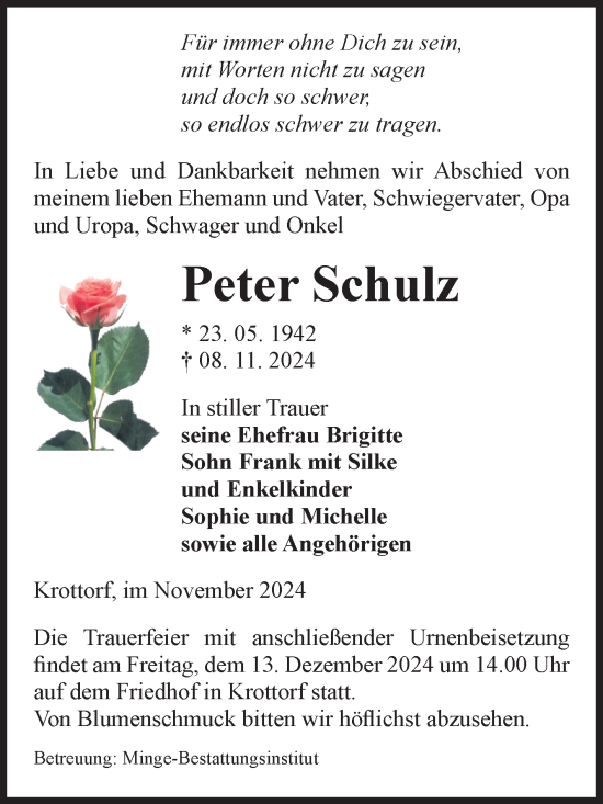 Traueranzeige von Peter Schulz von Volksstimme Oschersleben/Wanzleben