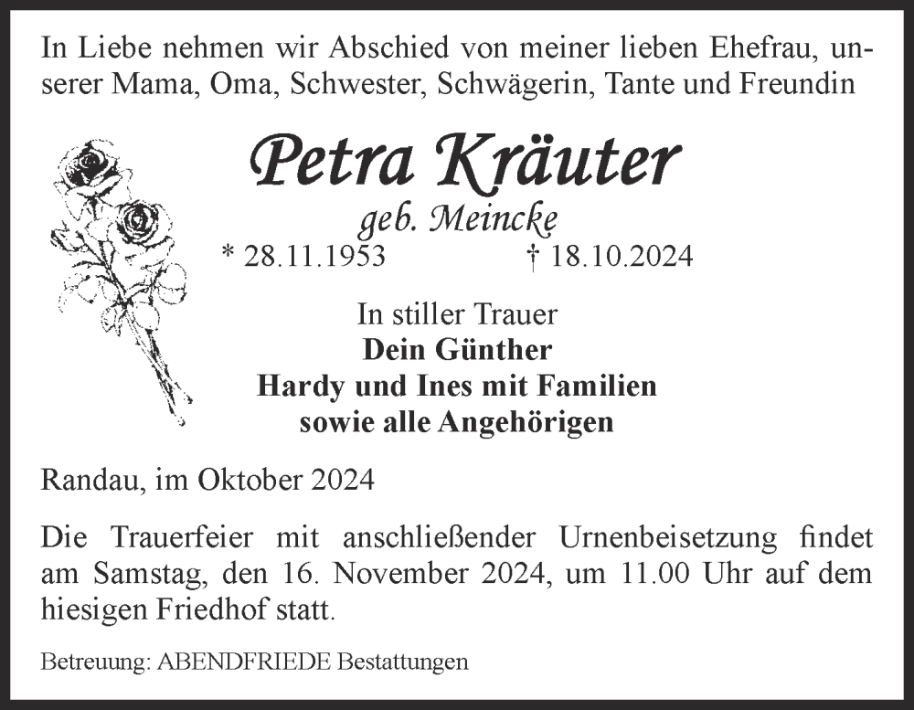  Traueranzeige für Petra Kräuter vom 02.11.2024 aus Volksstimme Magdeburg