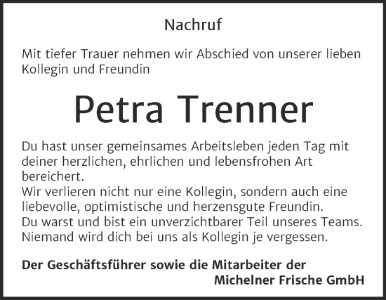 Traueranzeige von Petra Trenner von Super Sonntag Köthen