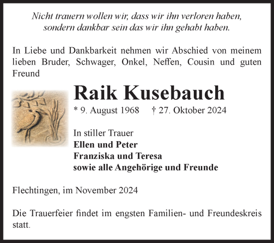Traueranzeige von Raik Kusebauch von Volksstimme Haldensleben/Wolmirstedt