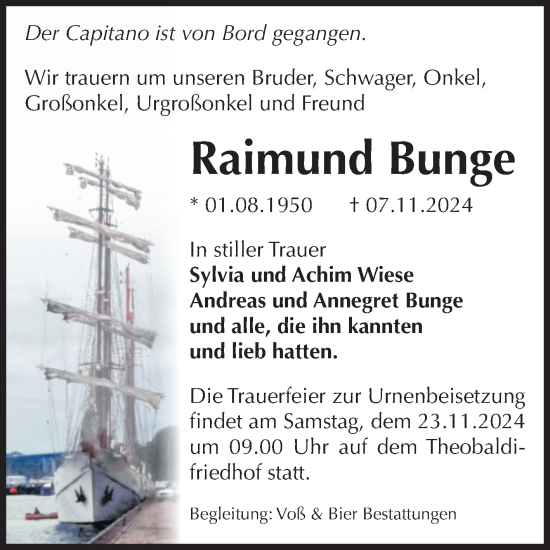 Traueranzeige von Raimund Bunge von Volksstimme Wernigerode