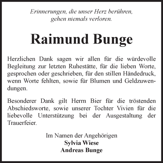 Traueranzeige von Raimund Bunge von Volksstimme Wernigerode