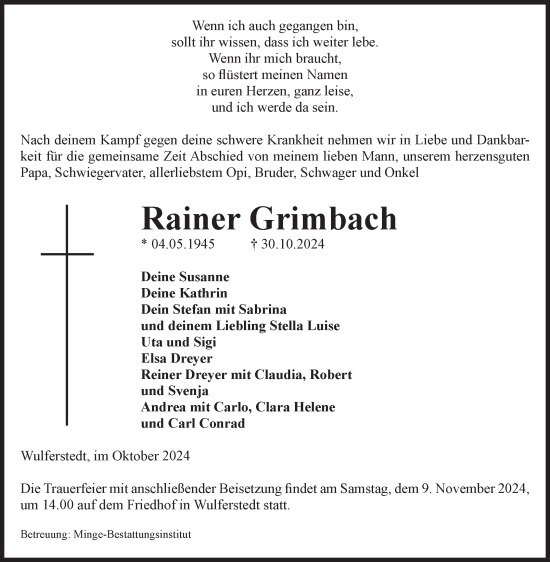 Traueranzeige von Rainer Grimbach von Volksstimme Oschersleben/Wanzleben