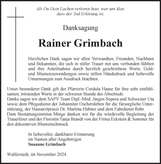 Traueranzeige von Rainer Grimbach von Volksstimme Oschersleben/Wanzleben