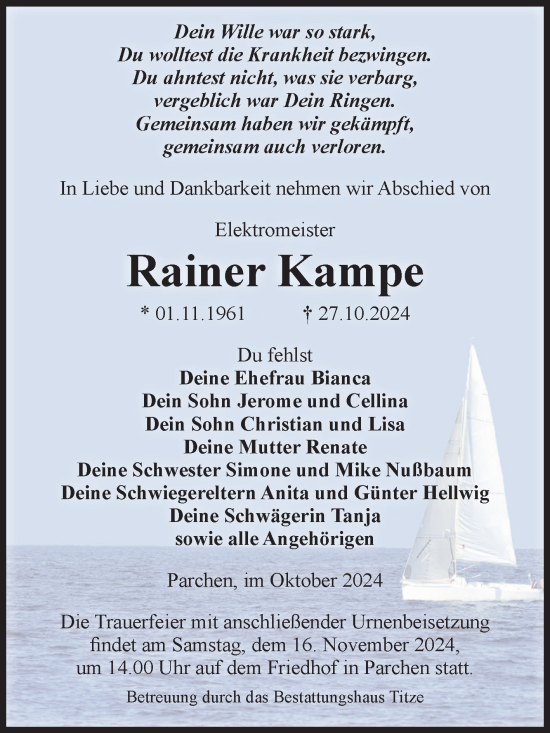 Traueranzeige von Rainer Kampe von Volksstimme Burg/Genthin