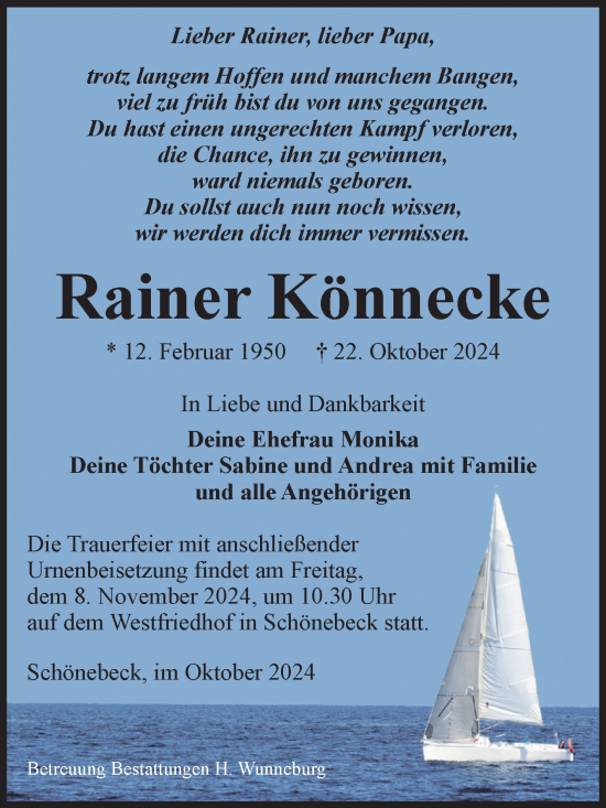 Traueranzeige von Rainer Könnecke von Volksstimme Schönebeck