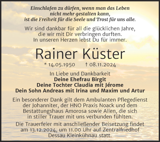 Traueranzeige von Rainer Küster von Trauerkombi Dessau