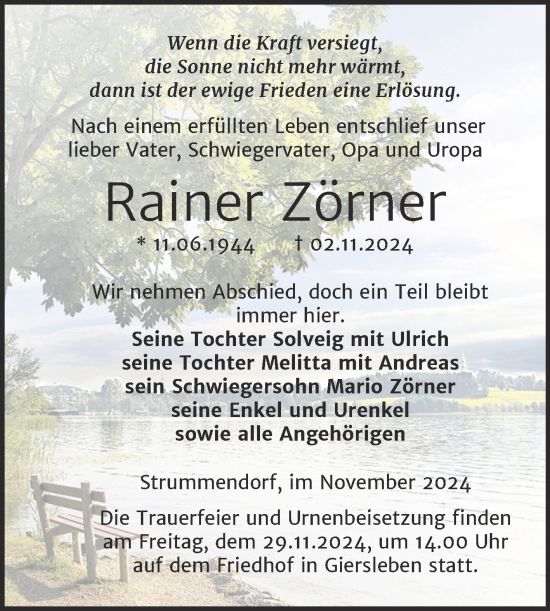 Traueranzeige von Rainer Zörner von Trauerkombi Aschersleben