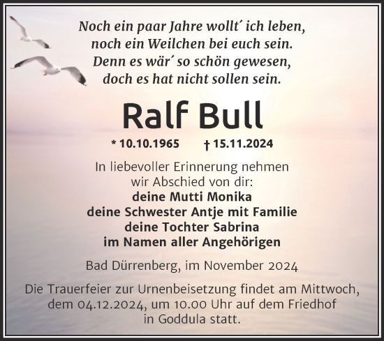 Traueranzeige von Ralf Bull von Trauerkombi Merseburg