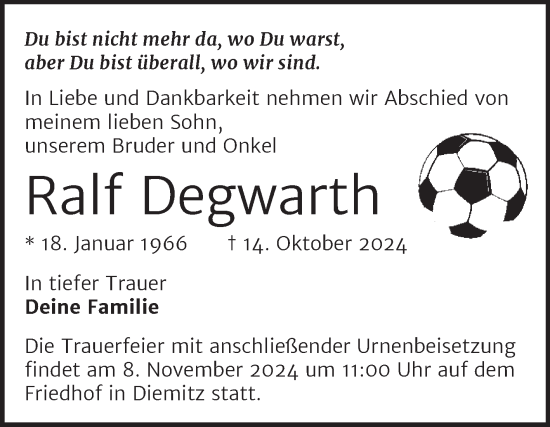 Traueranzeige von Ralf Degwarth von Mitteldeutsche Zeitung Halle/Saalkreis