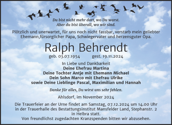 Traueranzeige von Ralph Behrendt von Trauerkombi Mansfelder Land
