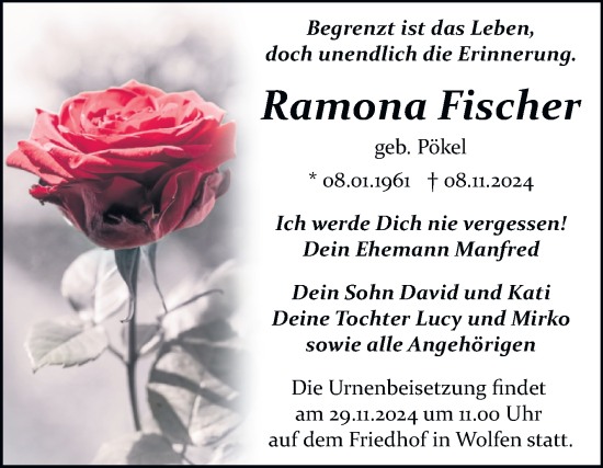 Traueranzeige von Ramona Fischer von Trauerkombi Bitterfeld