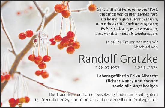 Traueranzeige von Randolf Gratzke von Trauerkombi Köthen