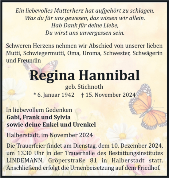 Traueranzeige von Regina Hannibal von Volksstimme Halberstadt