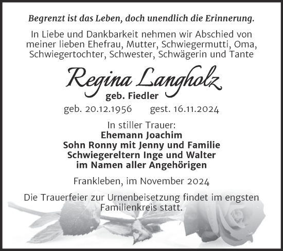 Traueranzeige von Regina Langholz von Trauerkombi Merseburg