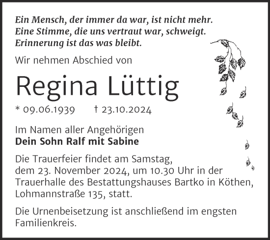Traueranzeige von Regina Lüttig von Trauerkombi Köthen